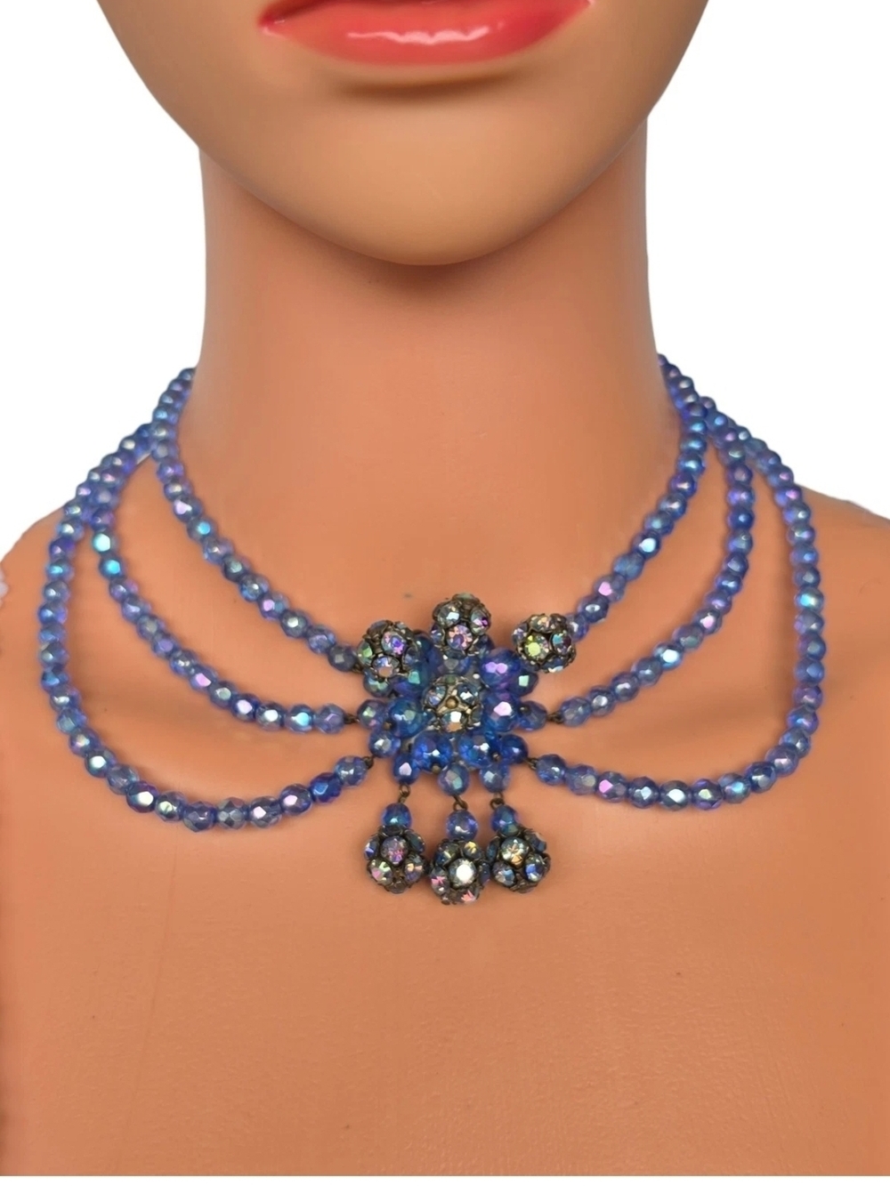 Vintage Blue AB Glass Bead Festoon Necklace Dangle Drop Centerpiece Statement